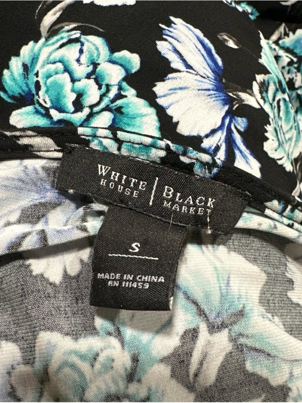 White House Black Market Black Top with Teal and Blue Floral Print - Picture 4 of 4